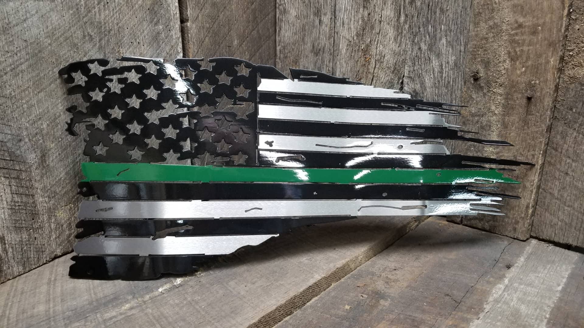 Vereran's Support Thin Green Line Battle Flag Steel Wall Sign - Click Image to Close